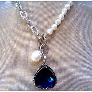 heart shape blue sapphire gemstone pearl necklace